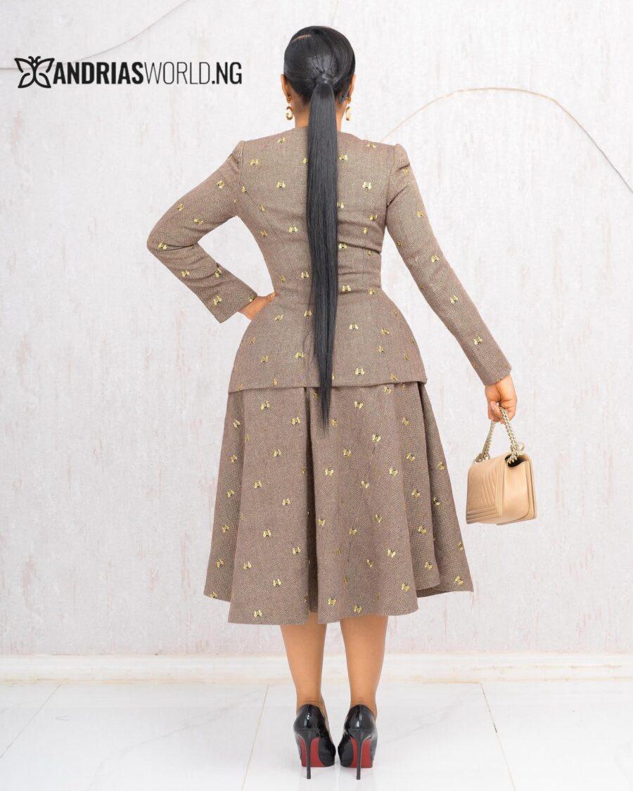 BROWN PATTERN TWEED SKIRT SUIT