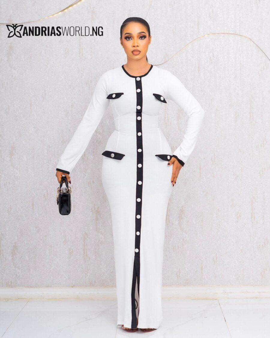 WHITE AND BLACK RIBBED MAXI BUTTON DOWN DRESS