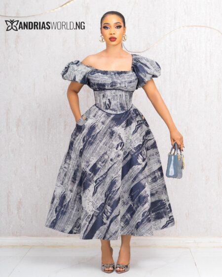 NAVYBLUE DAMASK SKATER DRESS WITH PUFFY SLEEVES
