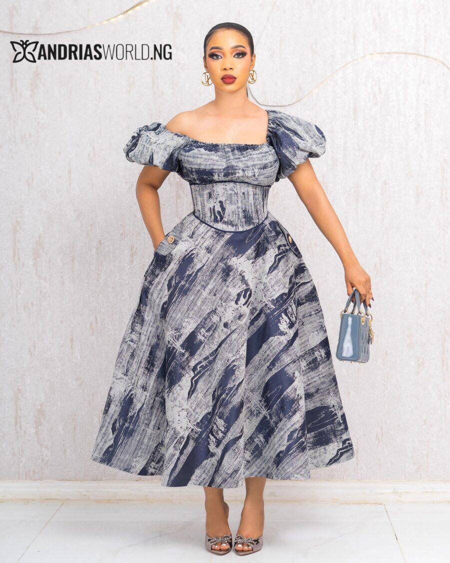 NAVYBLUE DAMASK SKATER DRESS WITH PUFFY SLEEVES
