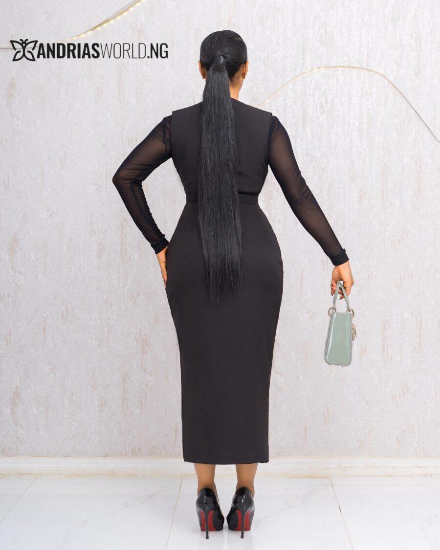 BLACK BUTTON DOWN MIDI DRESS WITH MESH SLEEVES