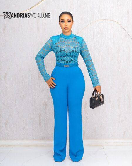 BLUE TWO PIECE TROUSER SET WITH LACE TOP (WITHOUT BELT)