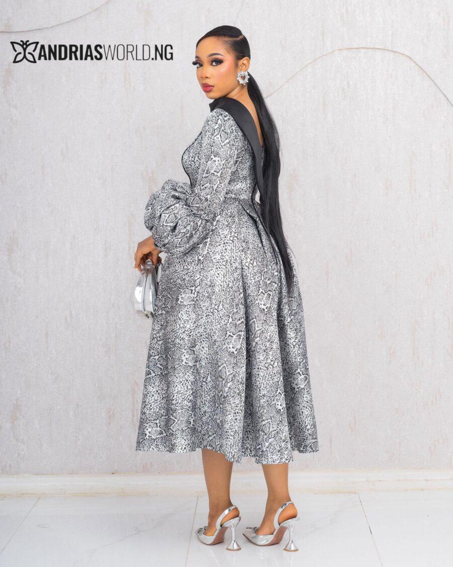 BLACK AND SILVER DAMASK SKATER DRESS WITH PUFFY SLEEVES