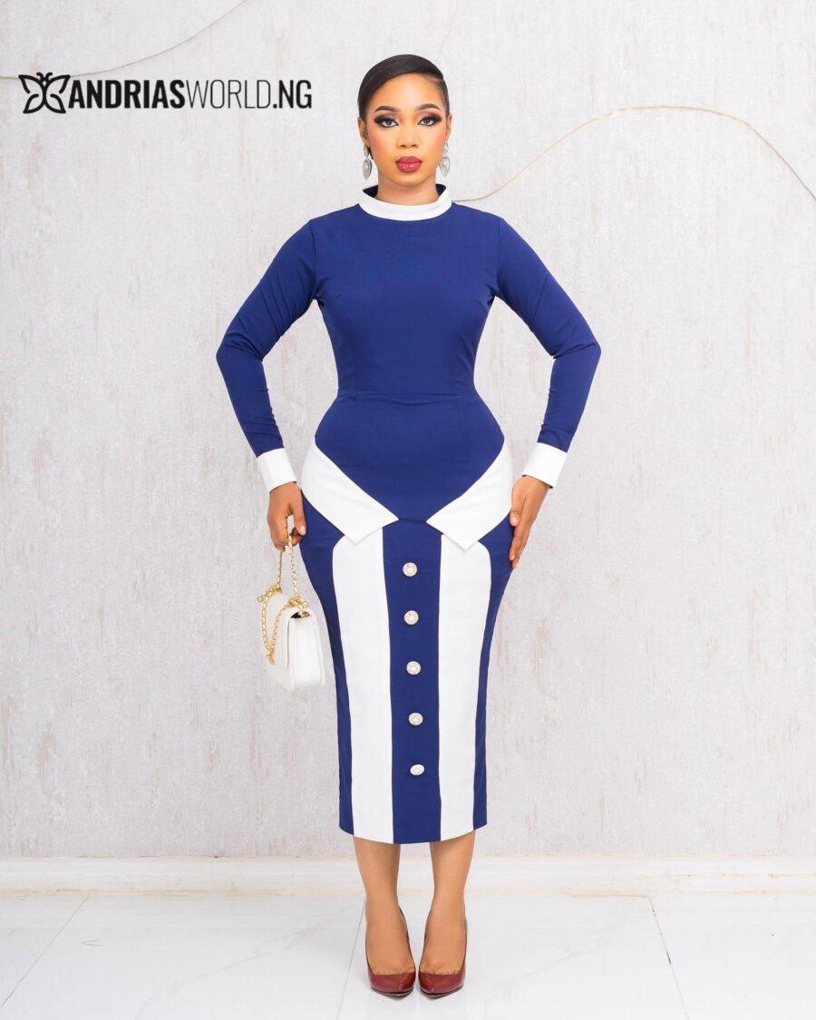 NAVYBLUE AND WHITE BUTTON MIDI DRESS