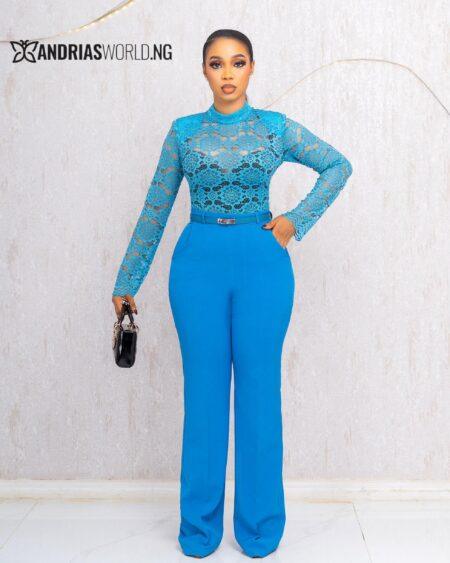BLUE TWO PIECE TROUSER SET WITH LACE TOP (WITHOUT BELT)