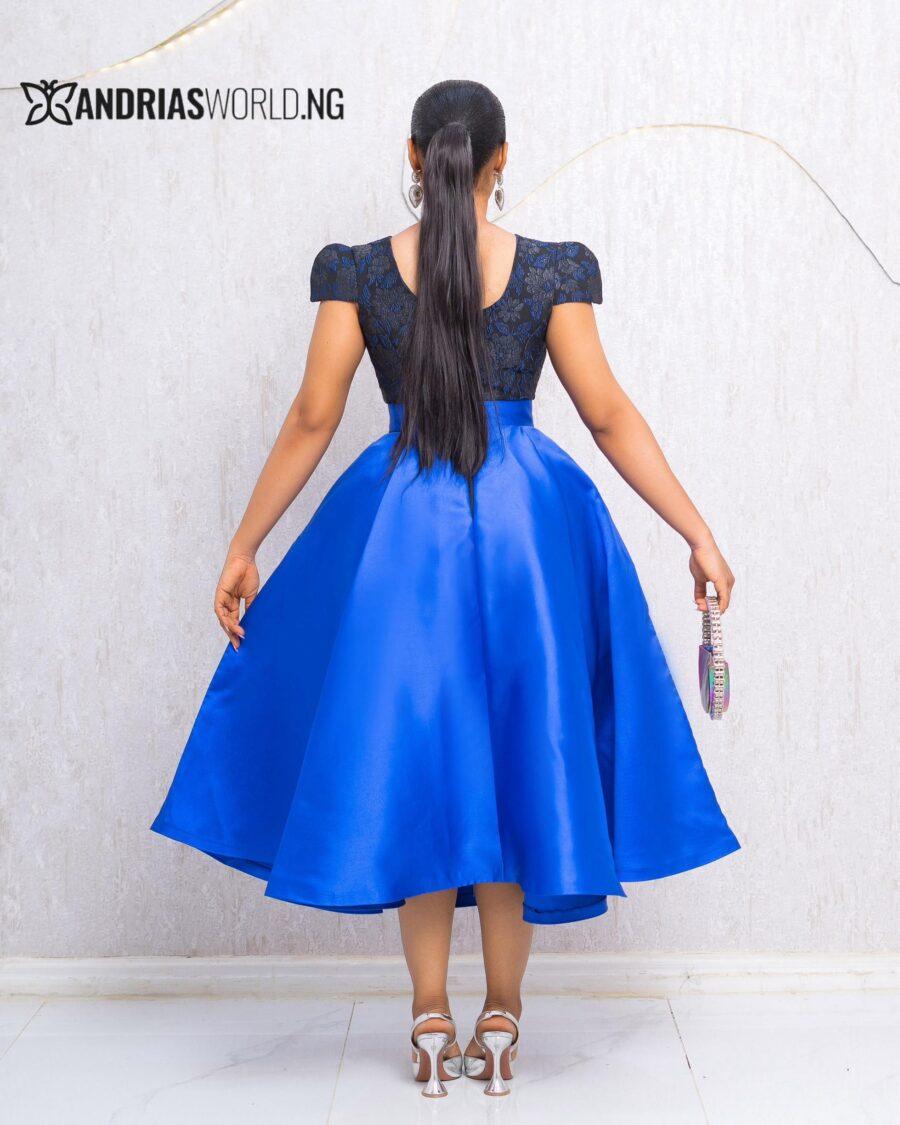 BLUE MIKADO SKATER DRESS WITH DAMASK DETAILS