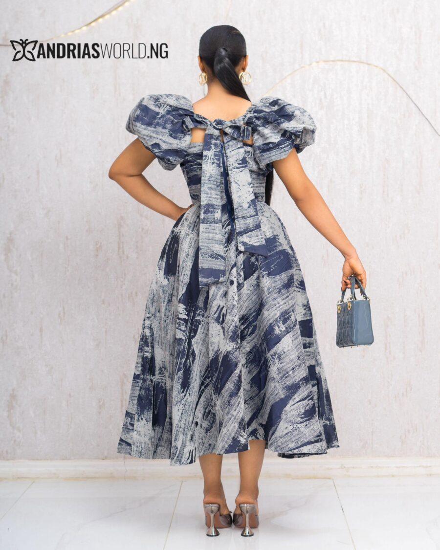 NAVYBLUE DAMASK SKATER DRESS WITH PUFFY SLEEVES