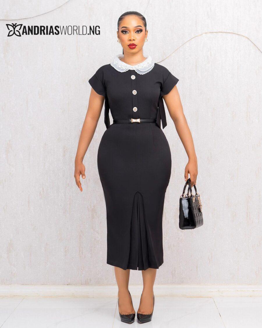 BLACK AND WHITE BELTED MIDI DRESS