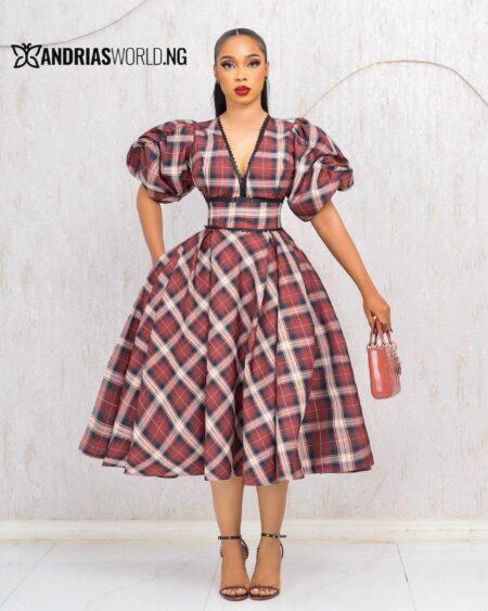 WINE CHECK SKATER DRESS WITH PUFFY SLEEVES