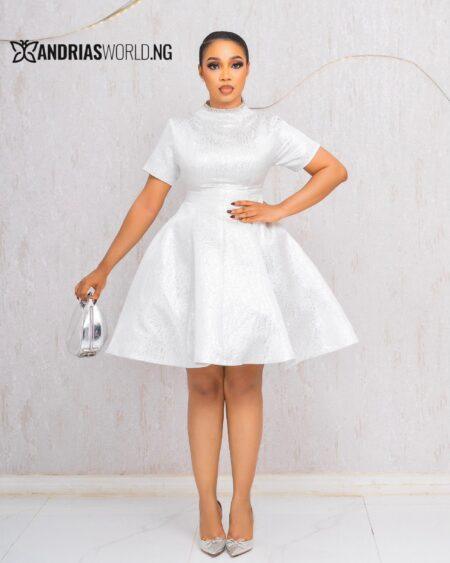 WHITE BEADED DAMASK SKATER DRESS