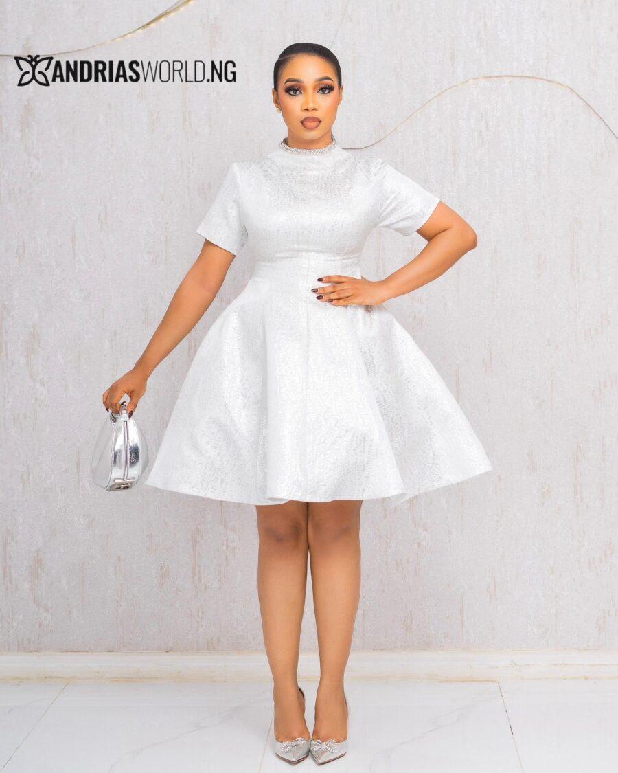 WHITE BEADED DAMASK SKATER DRESS