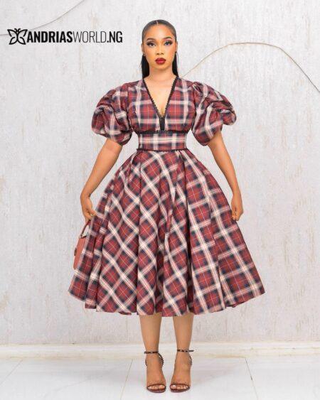 WINE CHECK SKATER DRESS WITH PUFFY SLEEVES