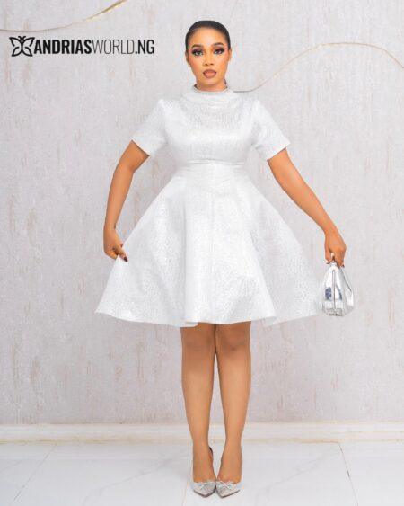 WHITE BEADED DAMASK SKATER DRESS