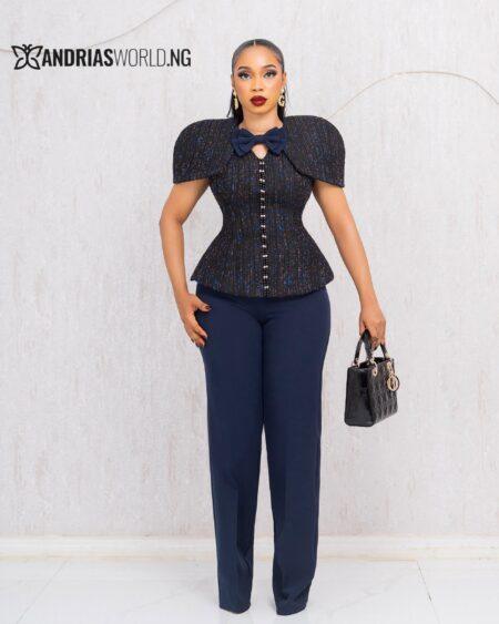 BLACK AND BLUE STUDDED TWEED CAPE TOP AND TROUSER SET