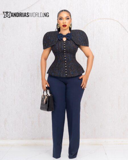 BLACK AND BLUE STUDDED TWEED CAPE TOP AND TROUSER SET