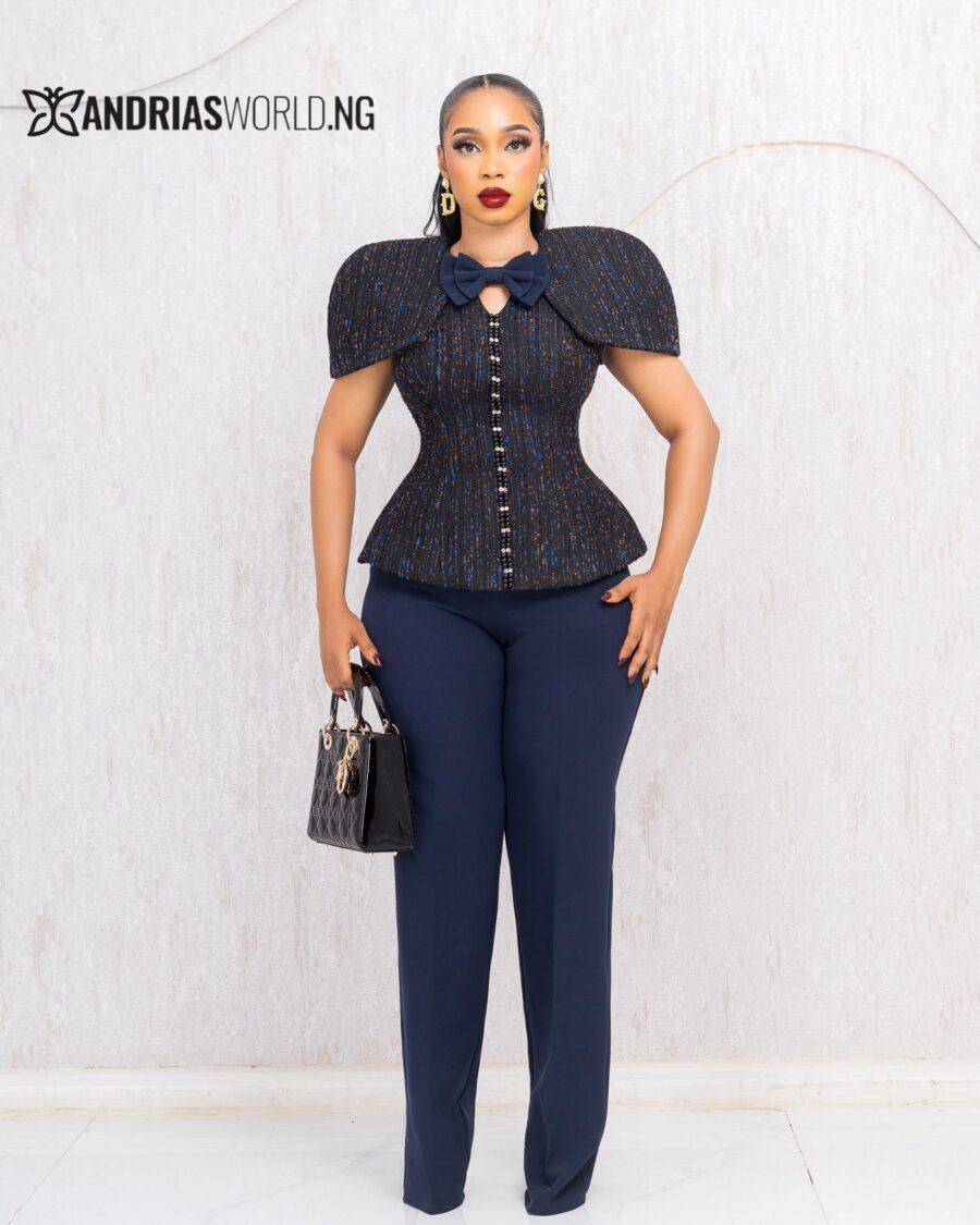 BLACK AND BLUE STUDDED TWEED CAPE TOP AND TROUSER SET