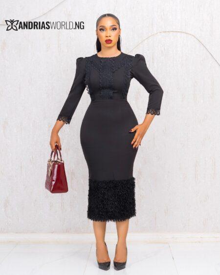 BLACK MIDI DRESS WITH FEATHERS