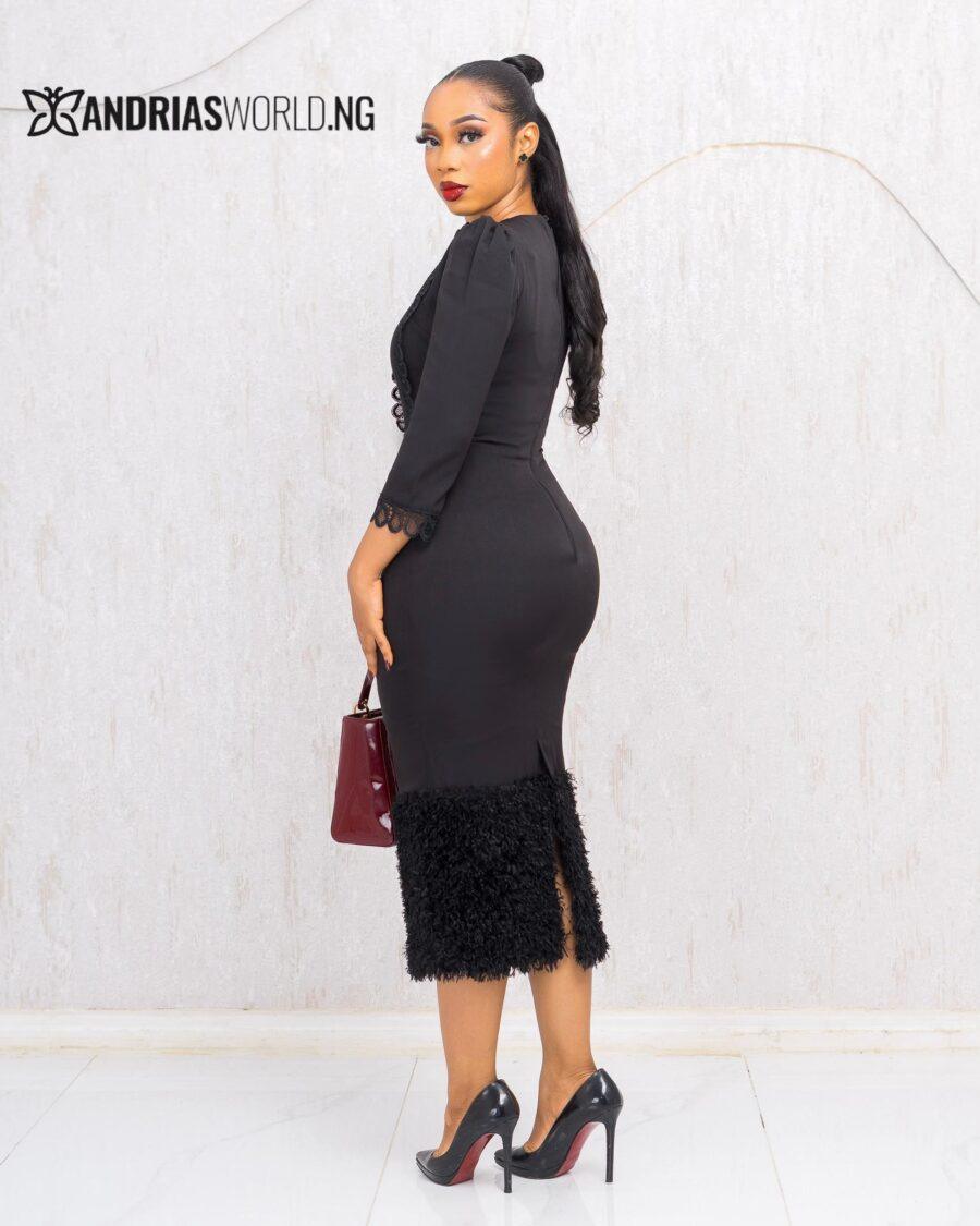 BLACK MIDI DRESS WITH FEATHERS