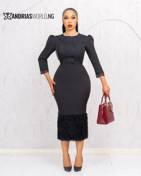 BLACK MIDI DRESS WITH FEATHERS