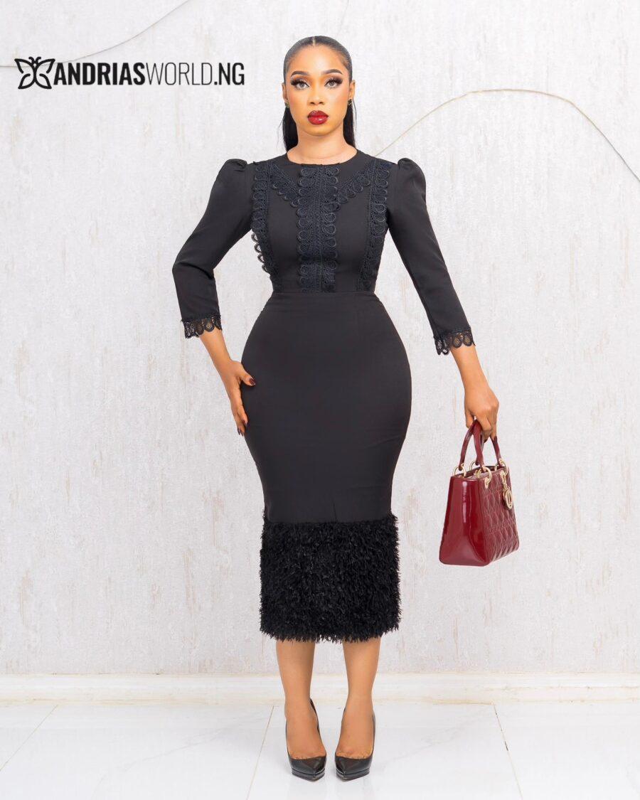BLACK MIDI DRESS WITH FEATHERS