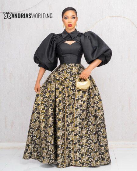 BLACK BEADED MIKADO DRESS WITH FLORAL DAMASK PRINT
