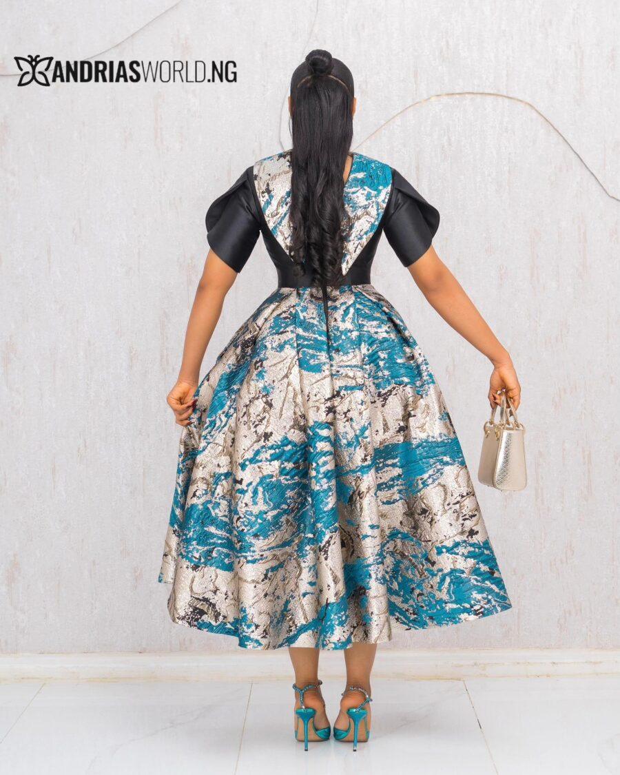 TEAL AND GOLD DAMASK MIKADO SKATER DRESS