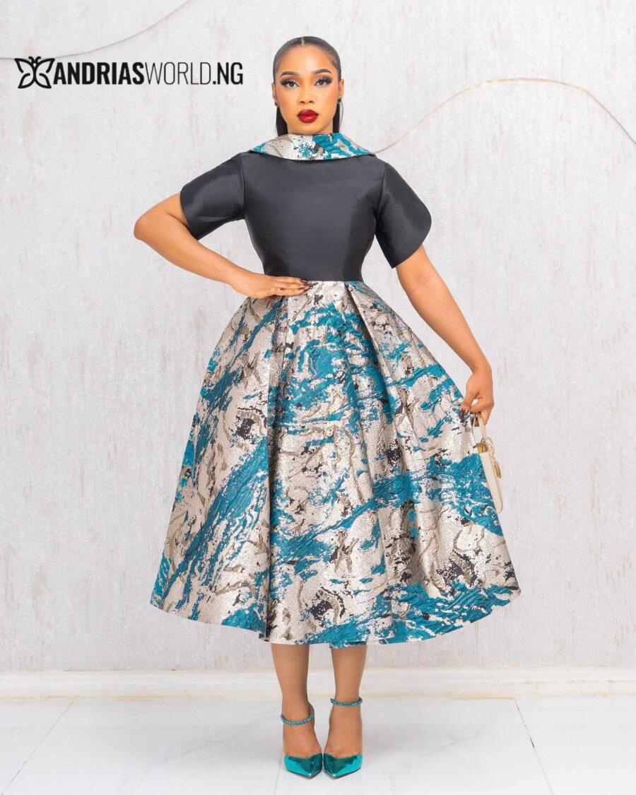 TEAL AND GOLD DAMASK MIKADO SKATER DRESS