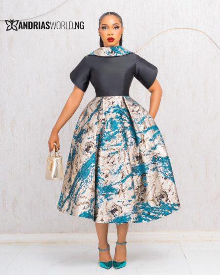 TEAL AND GOLD DAMASK MIKADO SKATER DRESS