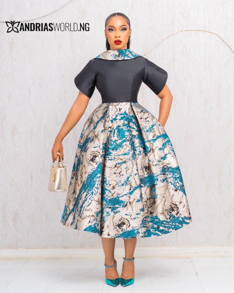 TEAL AND GOLD DAMASK MIKADO SKATER DRESS