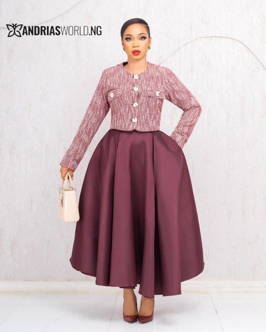 BROWN MIKADO SKIRT AND TWEED TOP SET