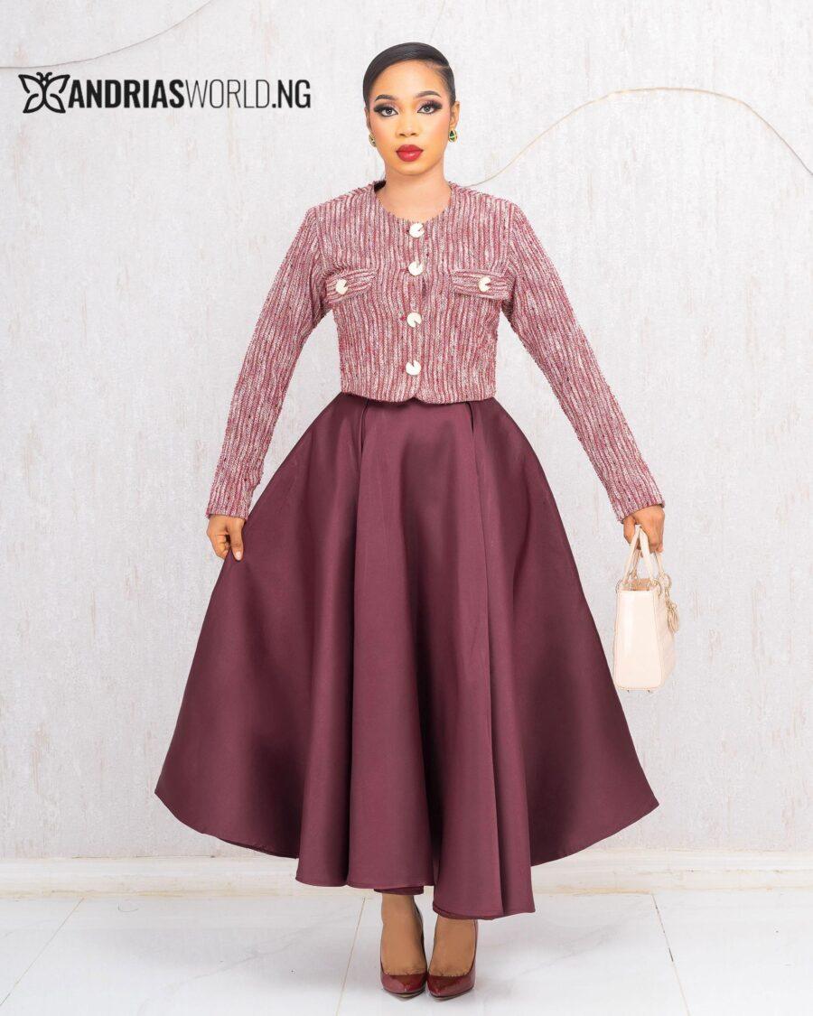 BROWN MIKADO SKIRT AND TWEED TOP SET