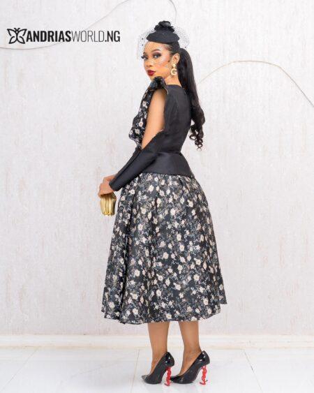 BLACK MIKADO TOP WITH FLORAL DAMASK SKIRT