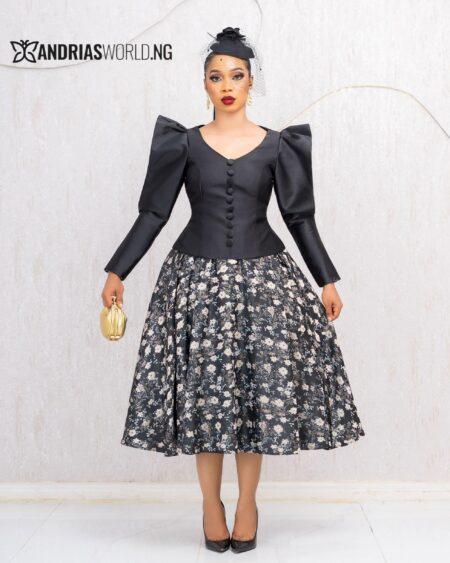BLACK MIKADO TOP WITH FLORAL DAMASK SKIRT
