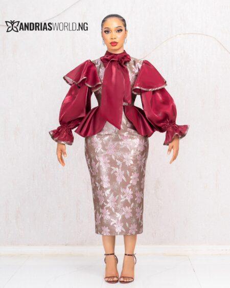 WINE FLORAL DAMASK DRESS WITH ORGANDÍ SLEEVES