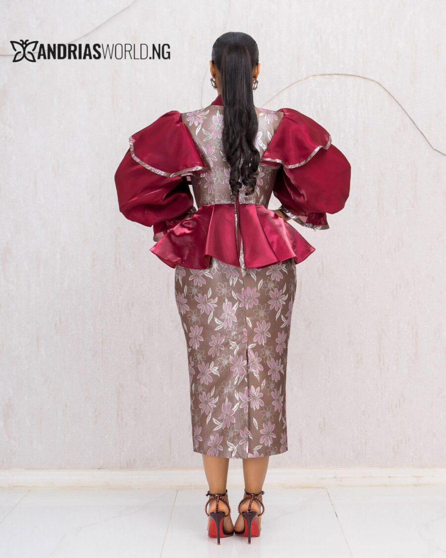 WINE FLORAL DAMASK DRESS WITH ORGANDÍ SLEEVES