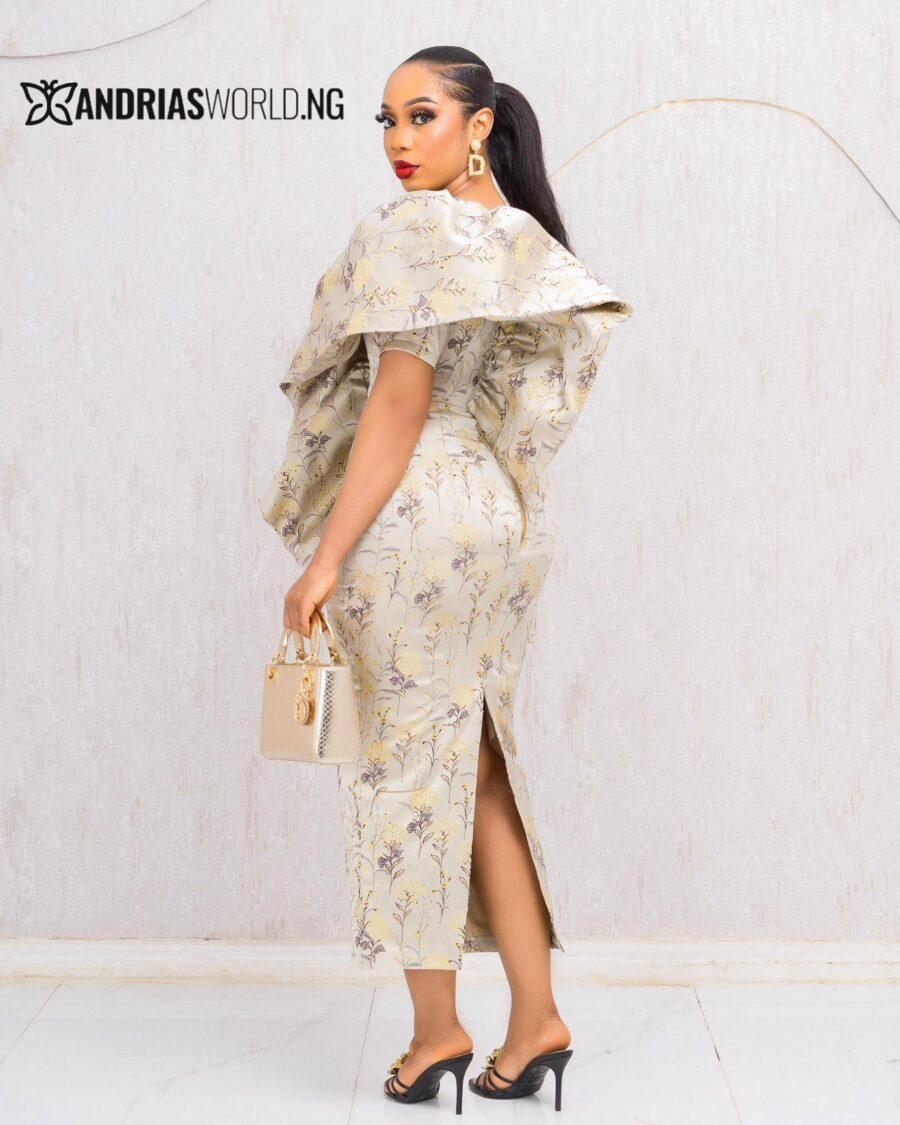 GOLD FLORAL DAMASK DRESS WITH SINGLE SLEEVE