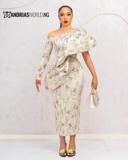 GOLD FLORAL DAMASK DRESS WITH SINGLE SLEEVE