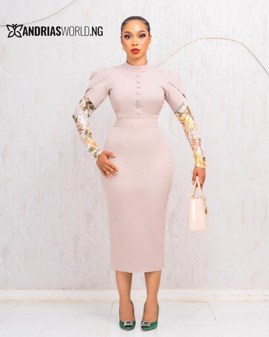 NUDE MIDI DRESS WITH FLORAL LACE SLEEVES