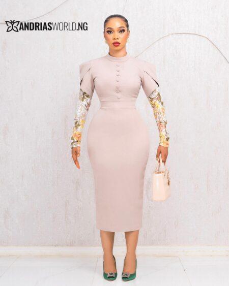 NUDE MIDI DRESS WITH FLORAL LACE SLEEVES