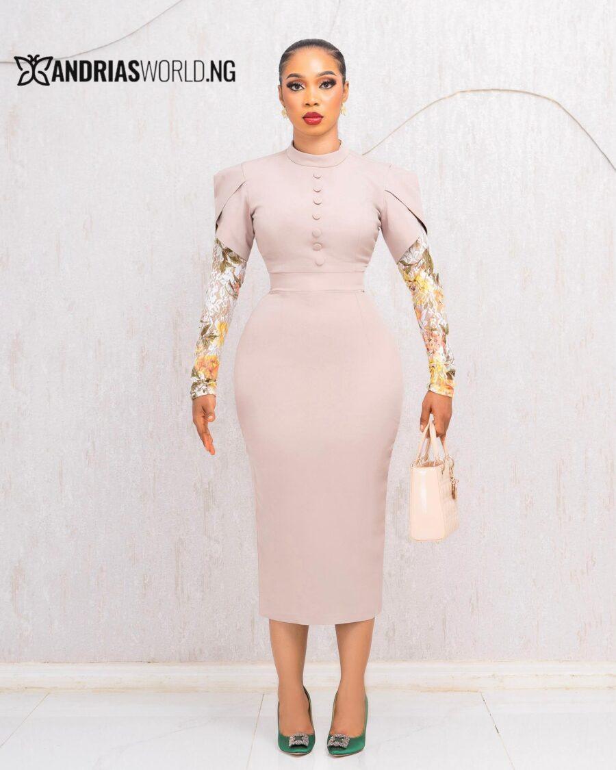 NUDE MIDI DRESS WITH FLORAL LACE SLEEVES