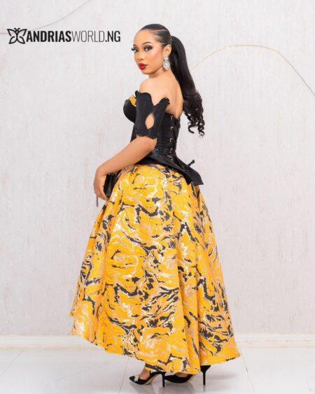 BLACK CORSET TOP WITH YELLOW DAMASK SKATER SKIRT