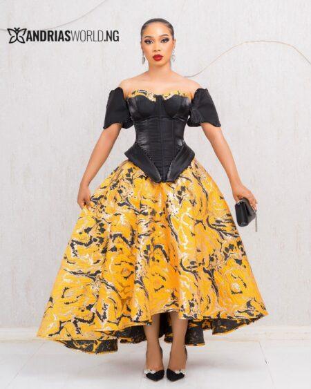 BLACK CORSET TOP WITH YELLOW DAMASK SKATER SKIRT