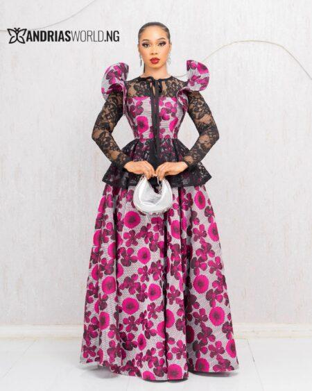 PINK AND WHITE FLORAL DAMASK DRESS WITH LACE SLEEVES