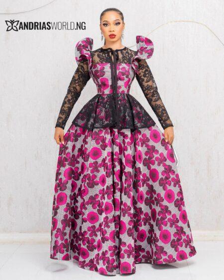 PINK AND WHITE FLORAL DAMASK DRESS WITH LACE SLEEVES