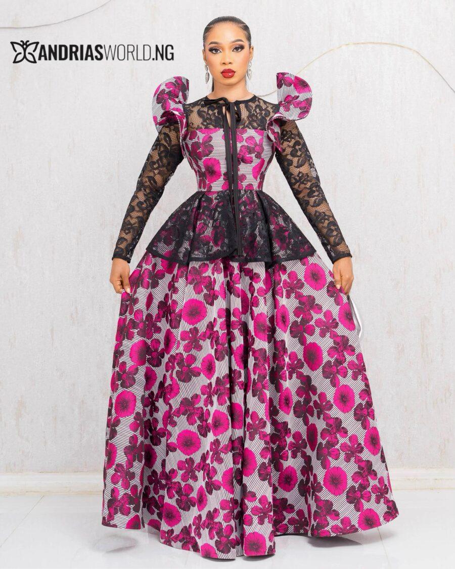PINK AND WHITE FLORAL DAMASK DRESS WITH LACE SLEEVES