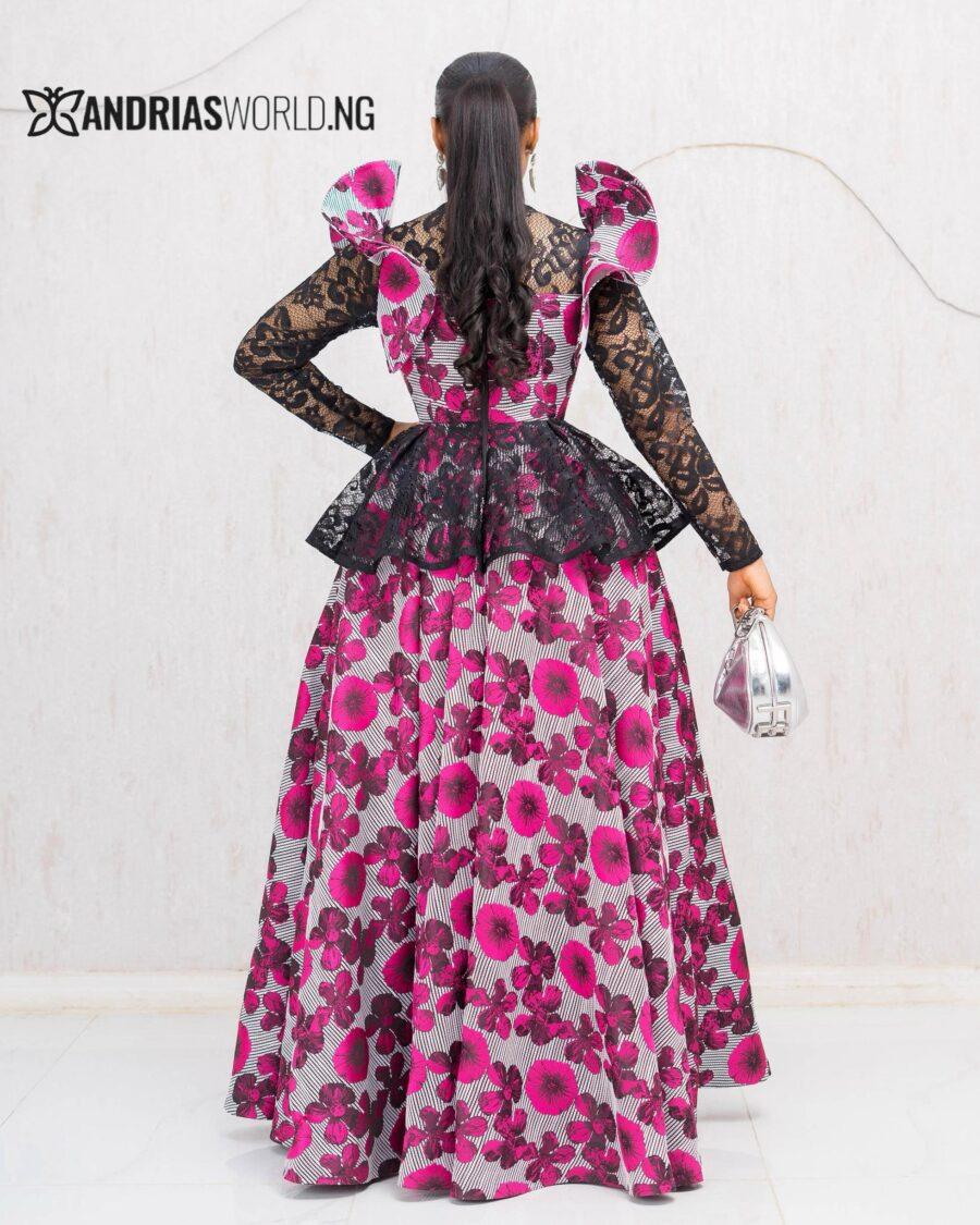 PINK AND WHITE FLORAL DAMASK DRESS WITH LACE SLEEVES