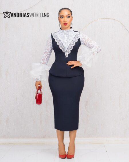 NAVY BLUE SKIRT SET WITH WHITE LACE SLEEVES