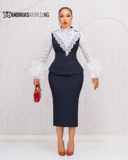 NAVY BLUE SKIRT SET WITH WHITE LACE SLEEVES
