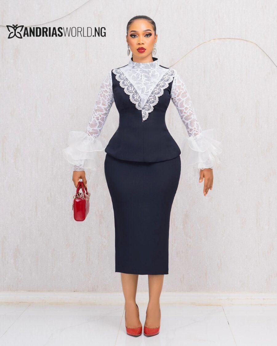 NAVY BLUE SKIRT SET WITH WHITE LACE SLEEVES
