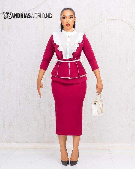 WINE AND WHITE PEPLUM TOP AND SKIRT SET
